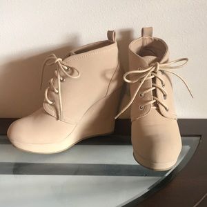 Tan lace-up wedge bootie